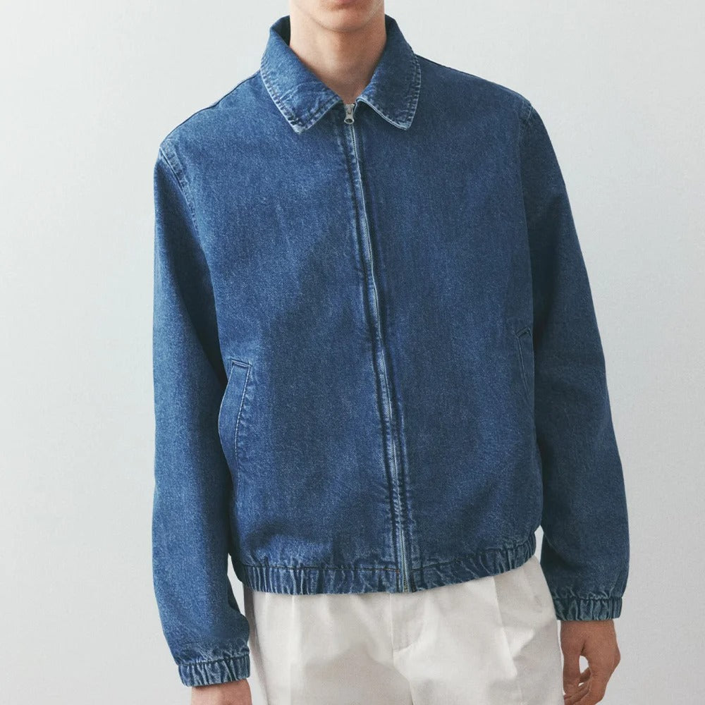 Mid-Blue Denim Zip Jacket with Elasticated Hem and Cuffs