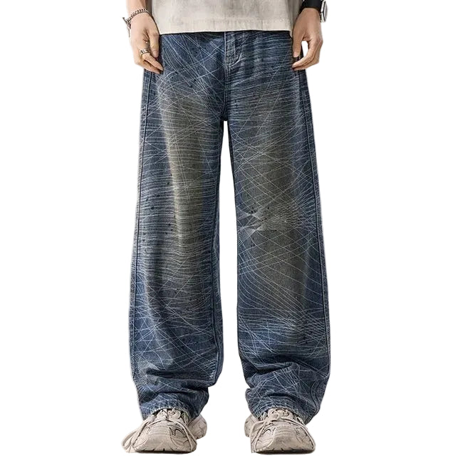 Abstract Line Print Wide Leg Jeans