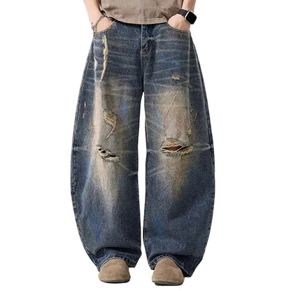 Distressed Wide Leg Jeans in Vintage Blue Wash