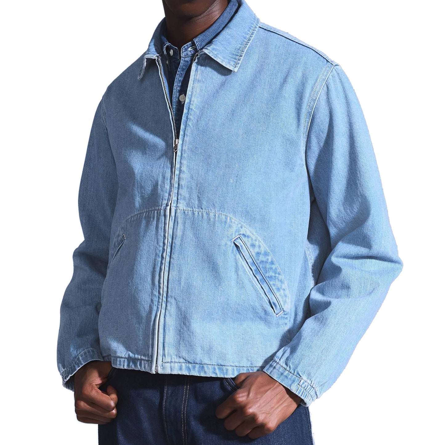 Light Blue Denim Zip Jacket with Curved Front Yoke Seam