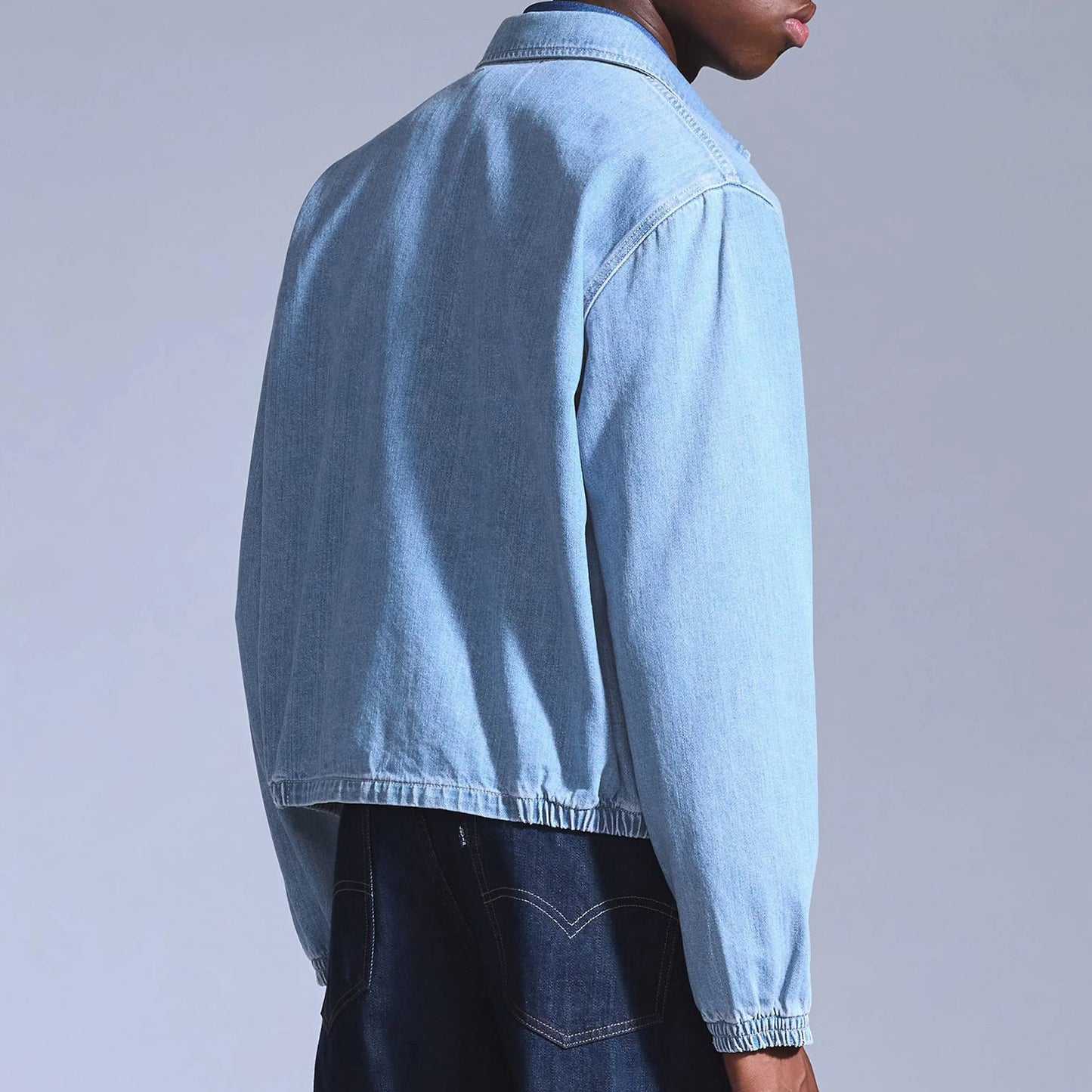 Light Blue Denim Zip Jacket with Curved Front Yoke Seam