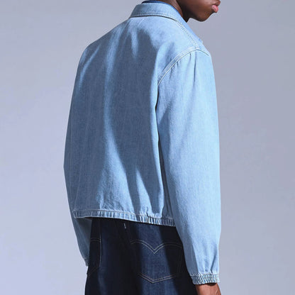 Light Blue Denim Zip Jacket with Curved Front Yoke Seam