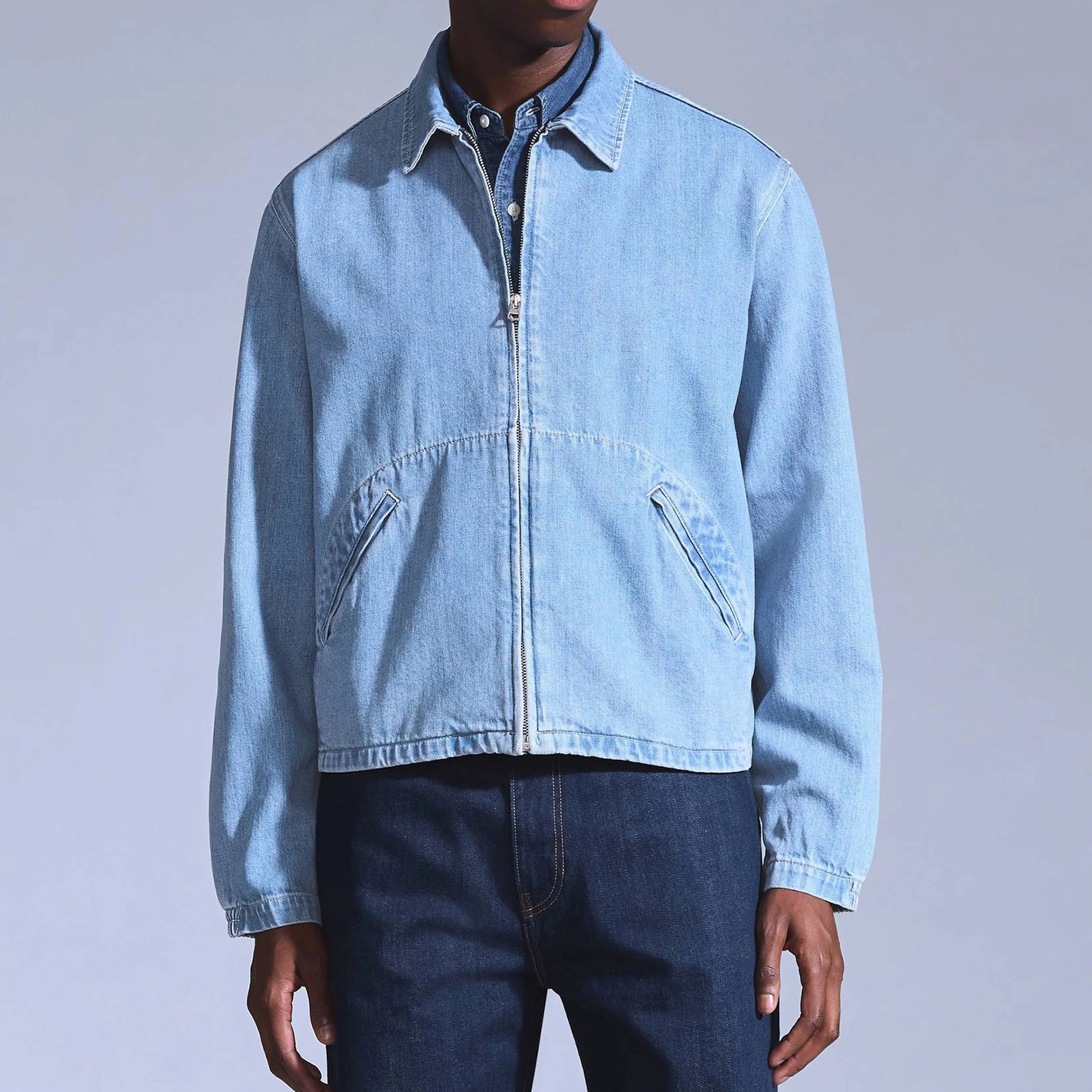 Light Blue Denim Zip Jacket with Curved Front Yoke Seam