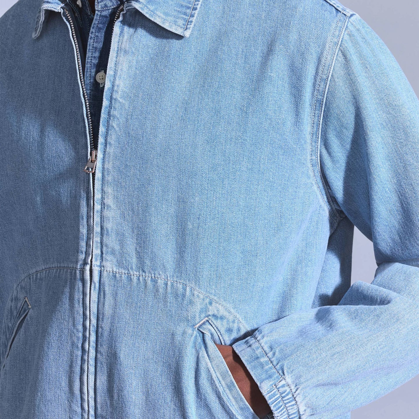 Light Blue Denim Zip Jacket with Curved Front Yoke Seam