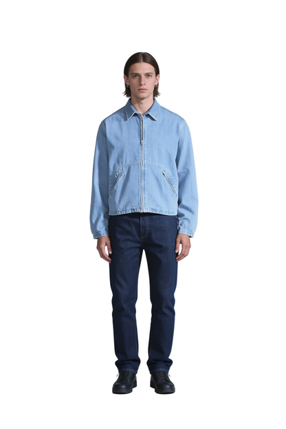 Light Blue Denim Zip Jacket with Curved Front Yoke Seam