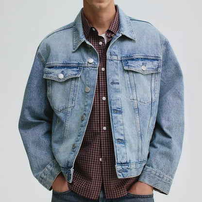Light Blue Washed Denim Jacket with Chest Flap Pockets