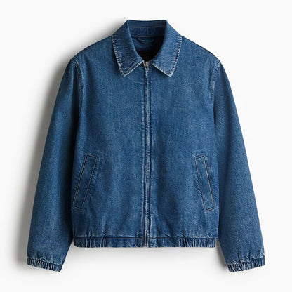 Mid-Blue Denim Zip Jacket with Elasticated Hem and Cuffs