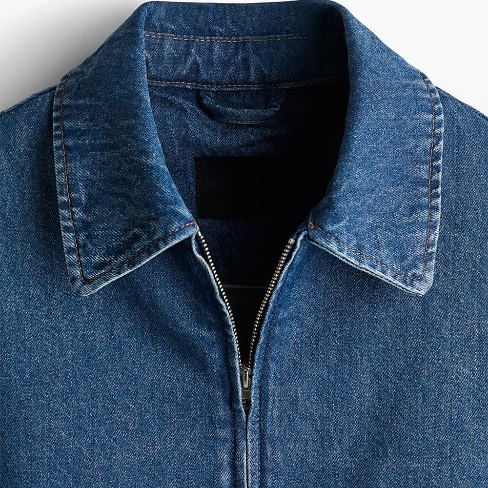 Mid-Blue Denim Zip Jacket with Elasticated Hem and Cuffs