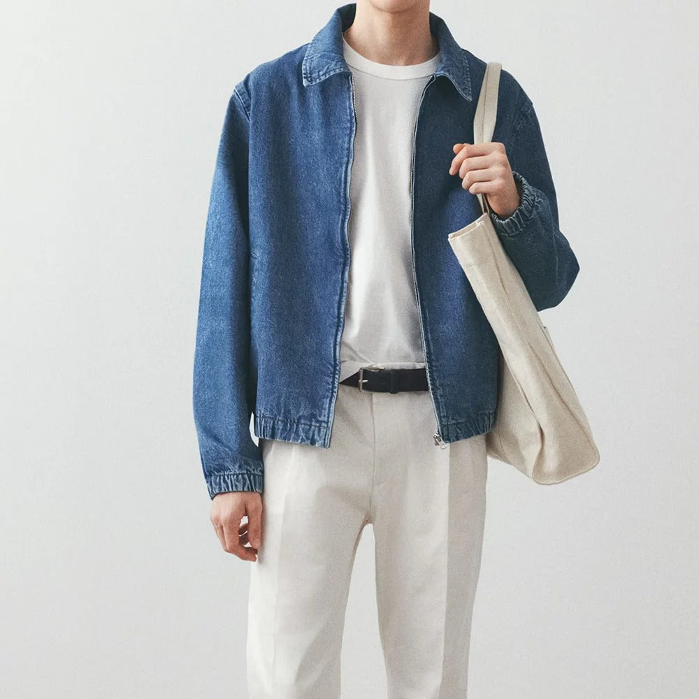 Mid-Blue Denim Zip Jacket with Elasticated Hem and Cuffs