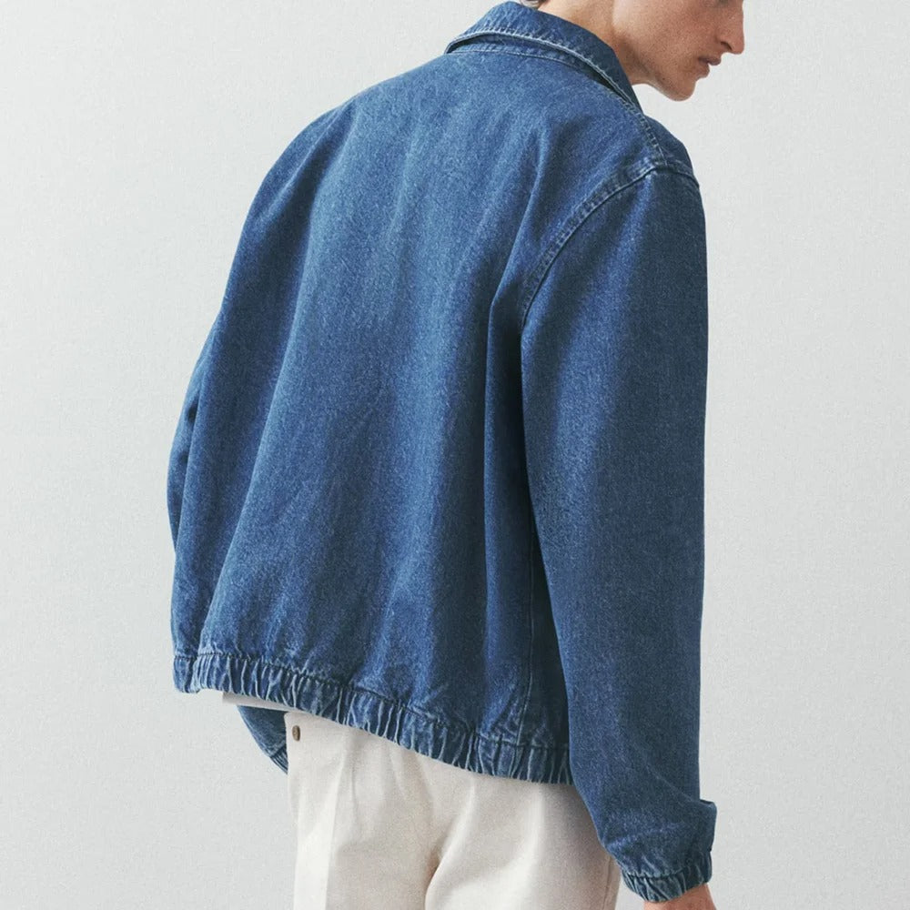 Mid-Blue Denim Zip Jacket with Elasticated Hem and Cuffs