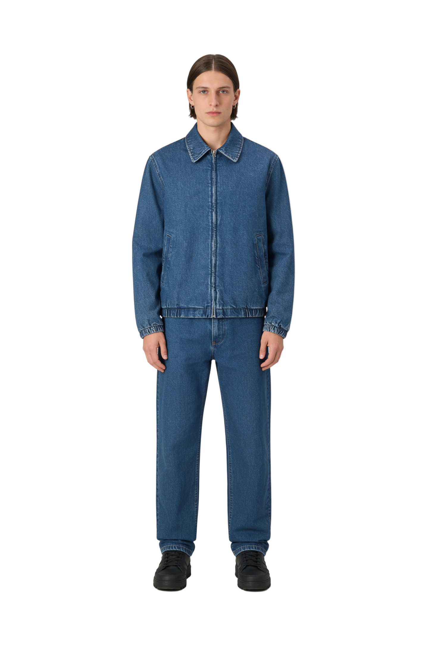 Mid-Blue Denim Zip Jacket with Elasticated Hem and Cuffs