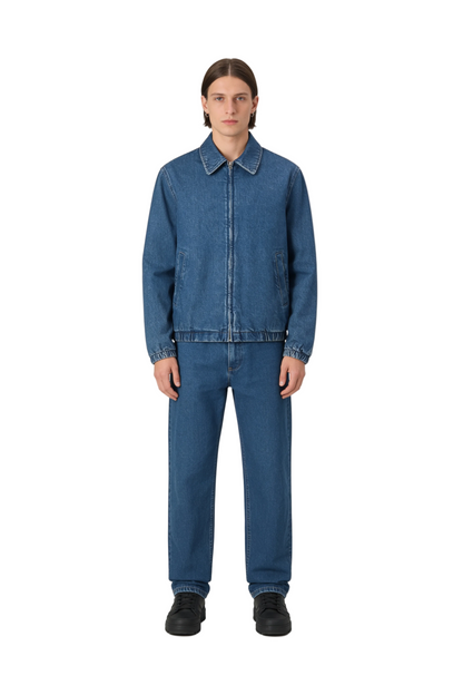 Mid-Blue Denim Zip Jacket with Elasticated Hem and Cuffs