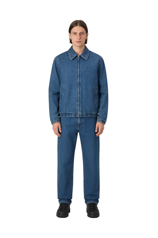 Mid-Blue Denim Zip Jacket with Elasticated Hem and Cuffs