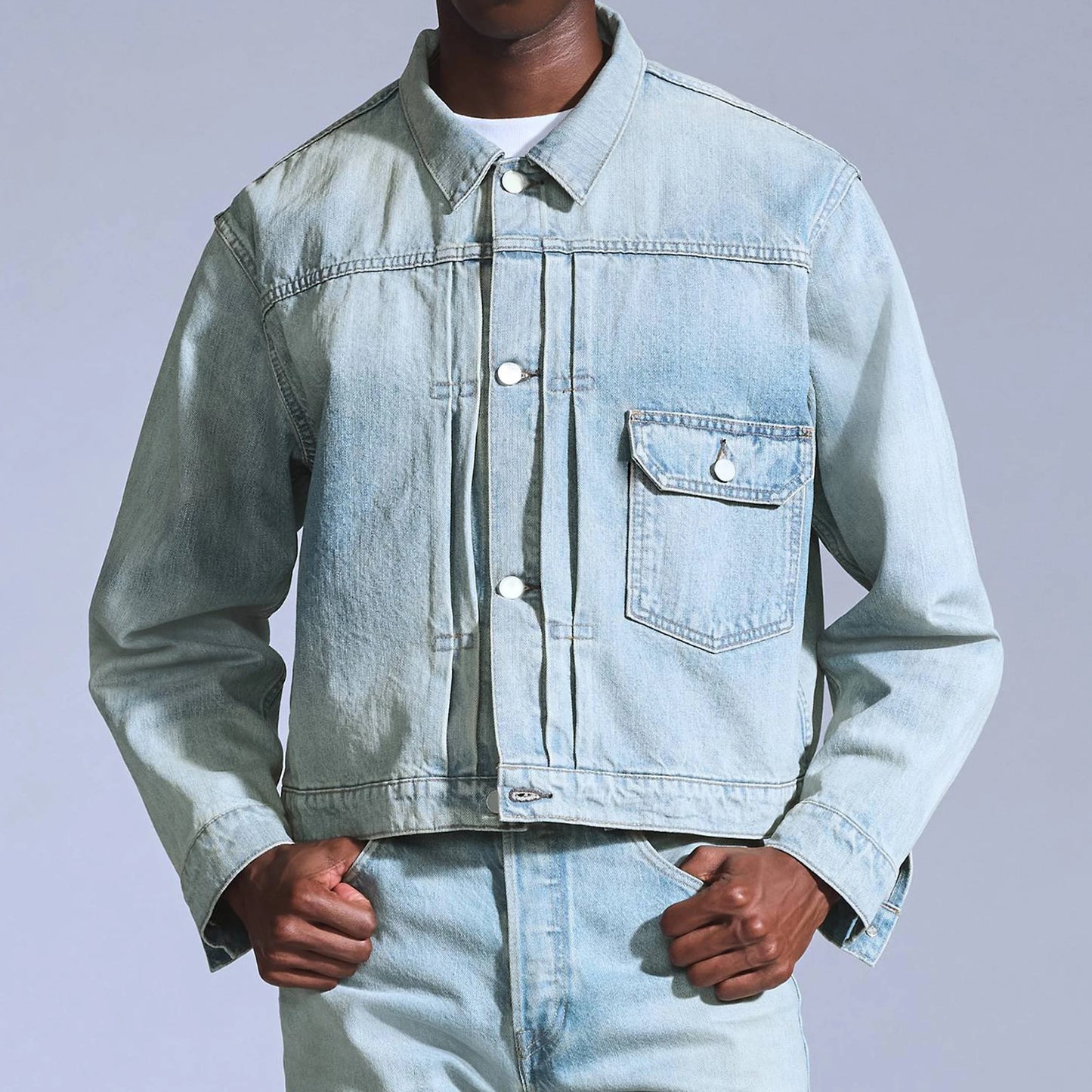 Pale Light-Wash Denim Jacket with Single Chest Flap Pocket