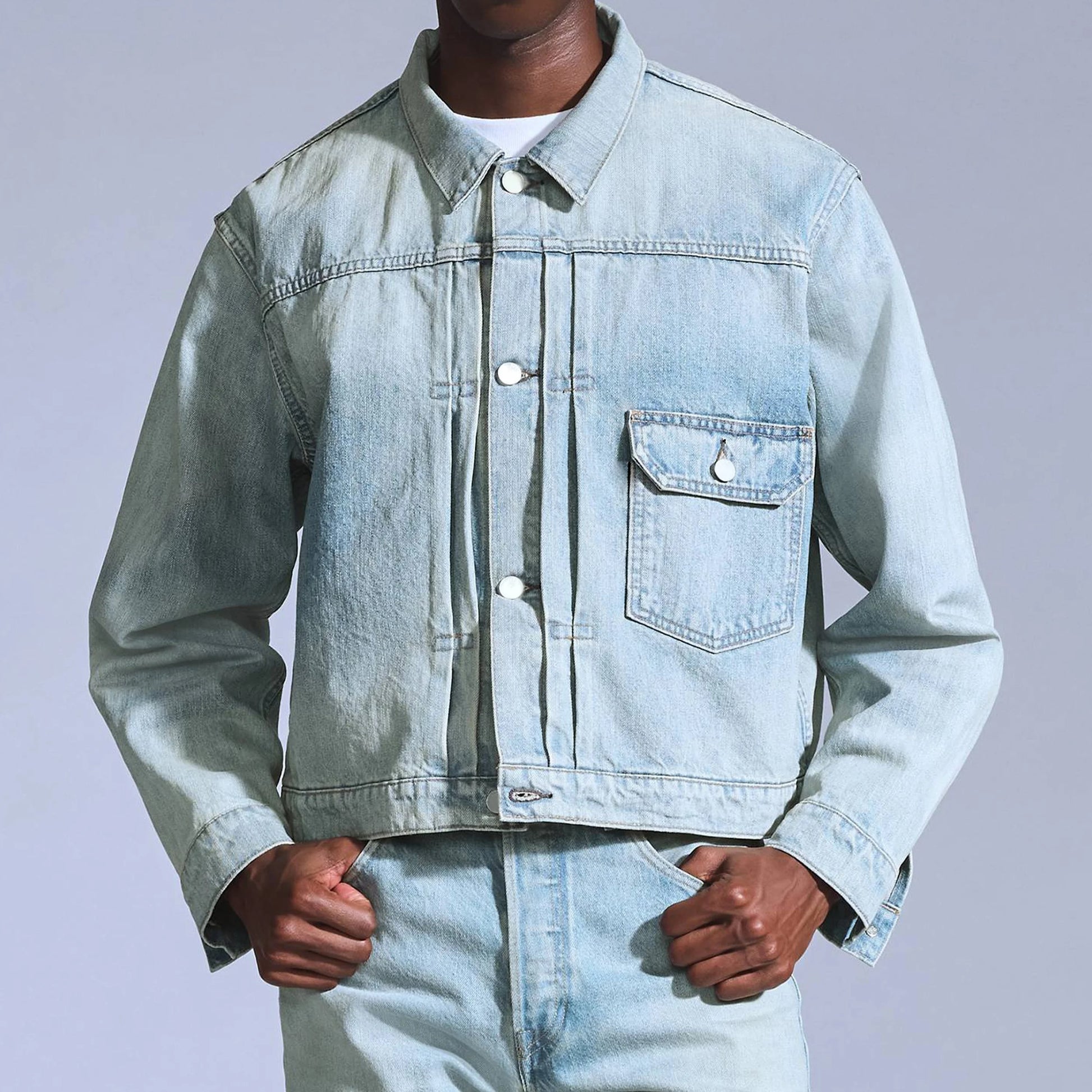 Pale Light-Wash Denim Jacket with Single Chest Flap Pocket