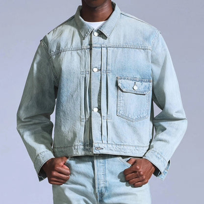 Pale Light-Wash Denim Jacket with Single Chest Flap Pocket
