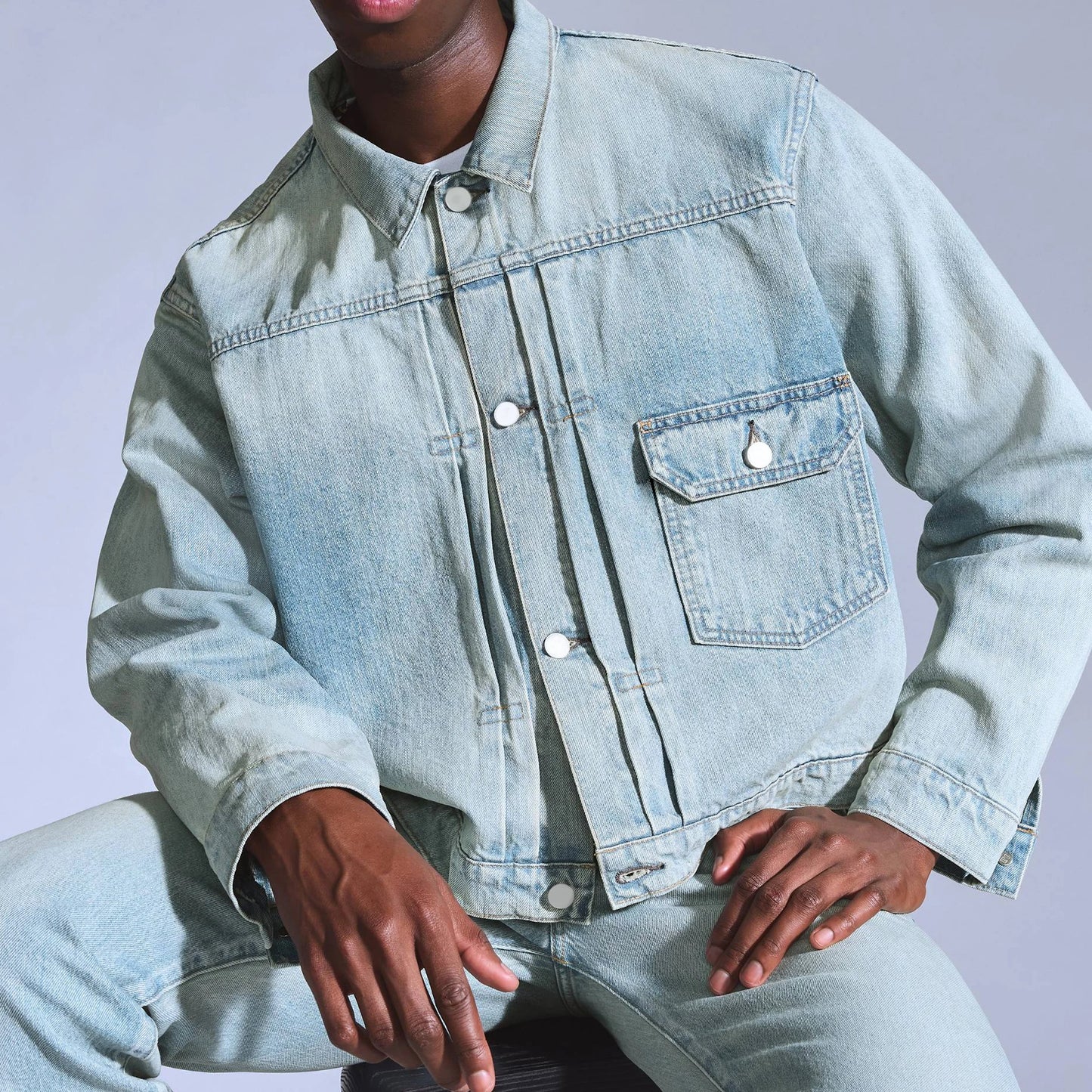 Pale Light-Wash Denim Jacket with Single Chest Flap Pocket