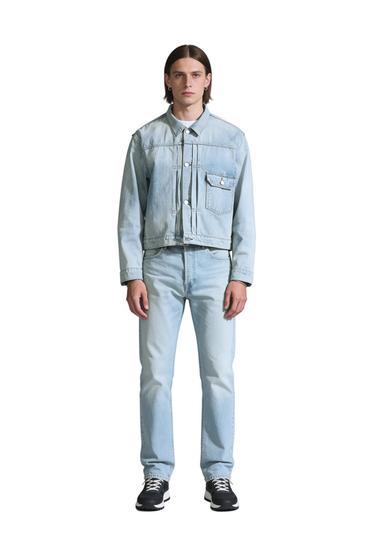 Pale Light-Wash Denim Jacket with Single Chest Flap Pocket
