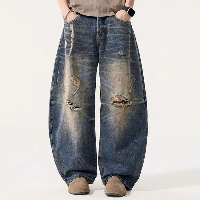 Distressed Wide Leg Jeans in Vintage Blue Wash