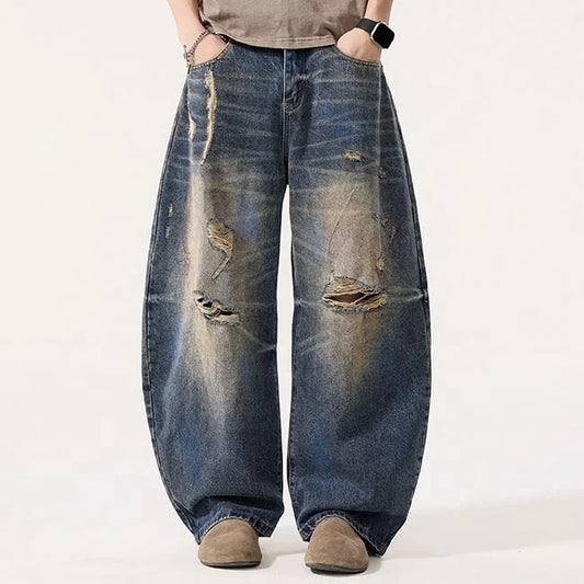Distressed Wide Leg Jeans in Vintage Blue Wash