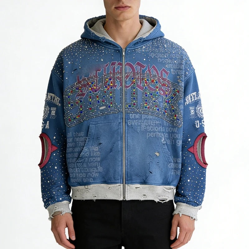Blue Distressed Zip-Up Hoodie with Rhinestone Graphic