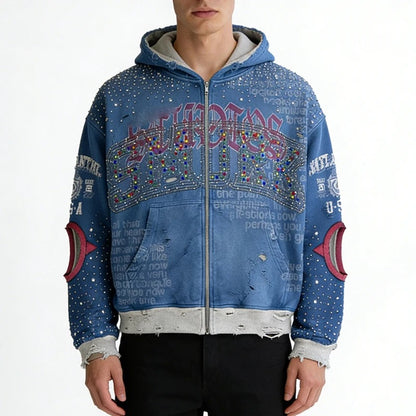 Blue Distressed Zip-Up Hoodie with Rhinestone Graphic