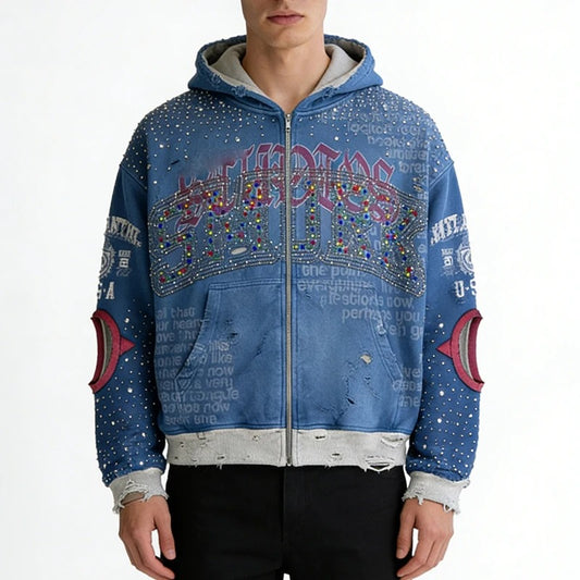 Blue Distressed Zip-Up Hoodie with Rhinestone Graphic