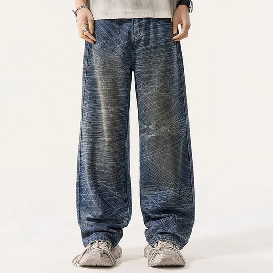 Abstract Line Print Wide Leg Jeans