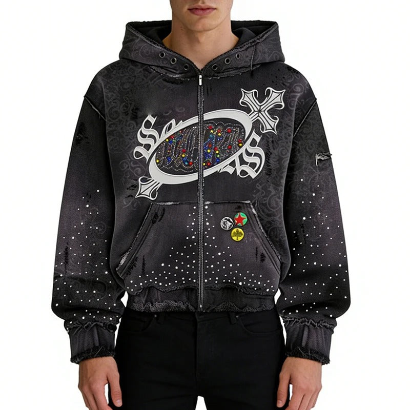 Black Distressed Zip-Up Hoodie with Rhinestone Graphic