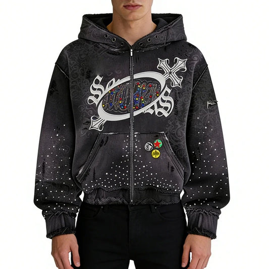 Black Distressed Zip-Up Hoodie with Rhinestone Graphic