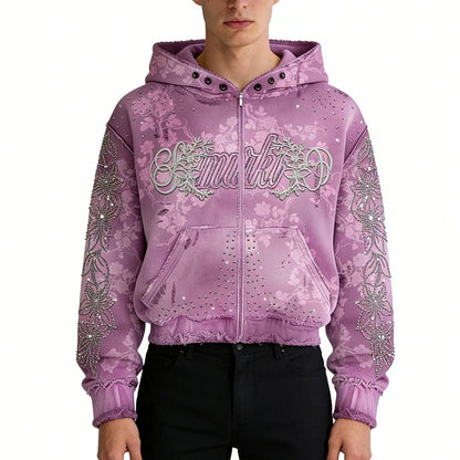 Pink Floral Zip-Up Hoodie with Rhinestone Details