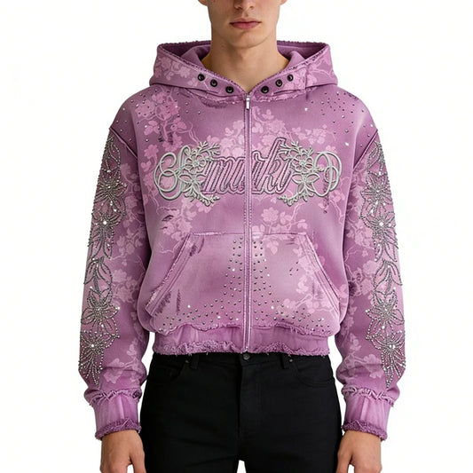 Pink Floral Zip-Up Hoodie with Rhinestone Details