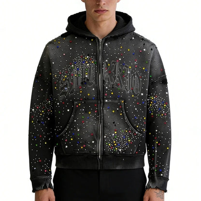Black Rhinestone Zip-Up Hoodie with Multicolor Stud Detailing