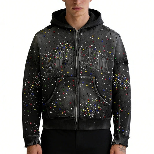 Black Rhinestone Zip-Up Hoodie with Multicolor Stud Detailing