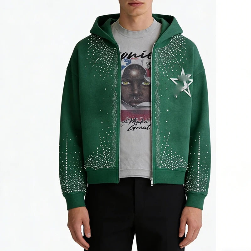 Green Zip-Up Hoodie with Rhinestone Star Graphics