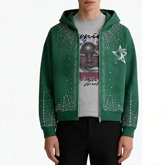 Green Zip-Up Hoodie with Rhinestone Star Graphics