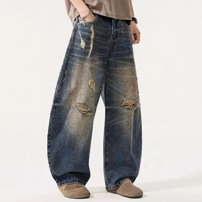 Distressed Wide Leg Jeans in Vintage Blue Wash