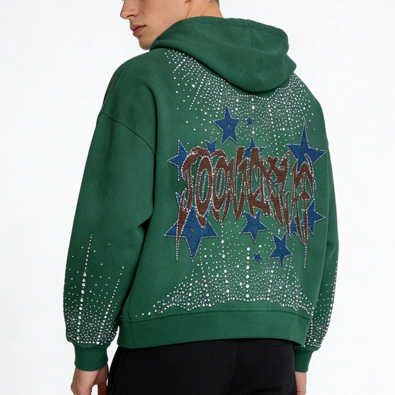 Green Zip-Up Hoodie with Rhinestone Star Graphics