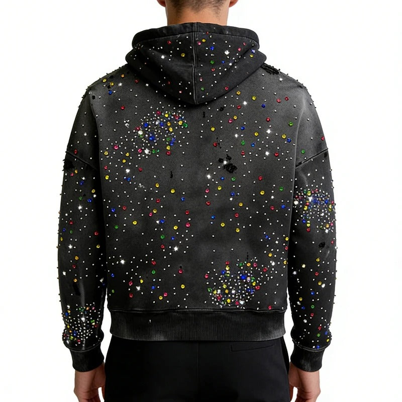 Black Rhinestone Zip-Up Hoodie with Multicolor Stud Detailing