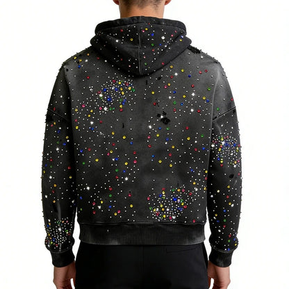 Black Rhinestone Zip-Up Hoodie with Multicolor Stud Detailing