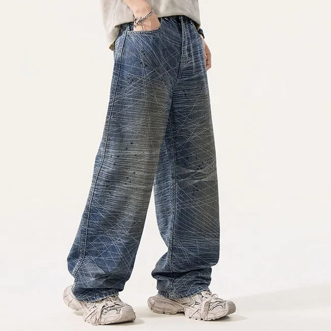 Abstract Line Print Wide Leg Jeans