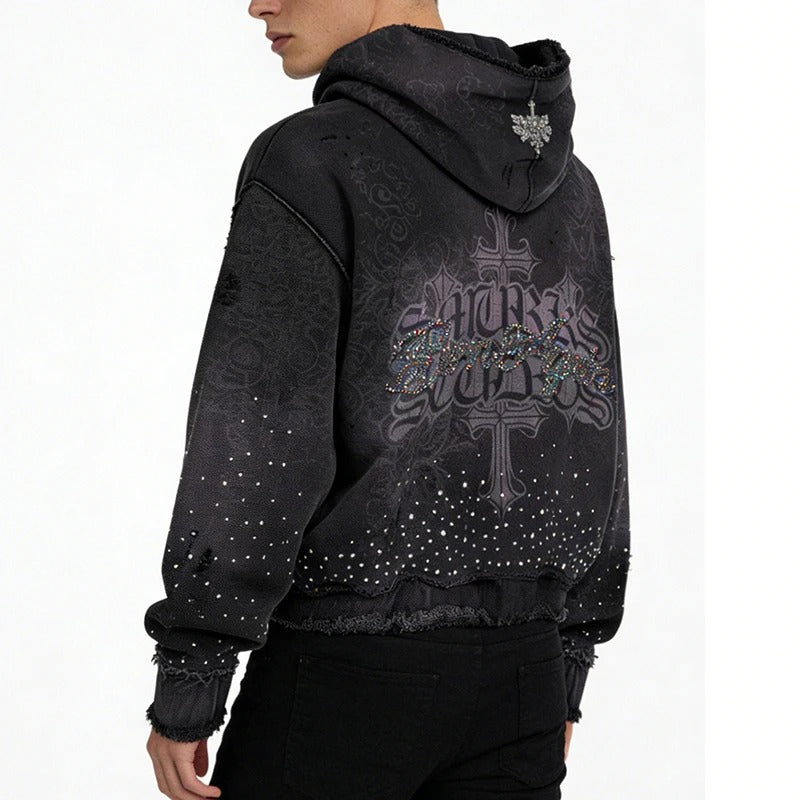 Black Distressed Zip-Up Hoodie with Rhinestone Graphic