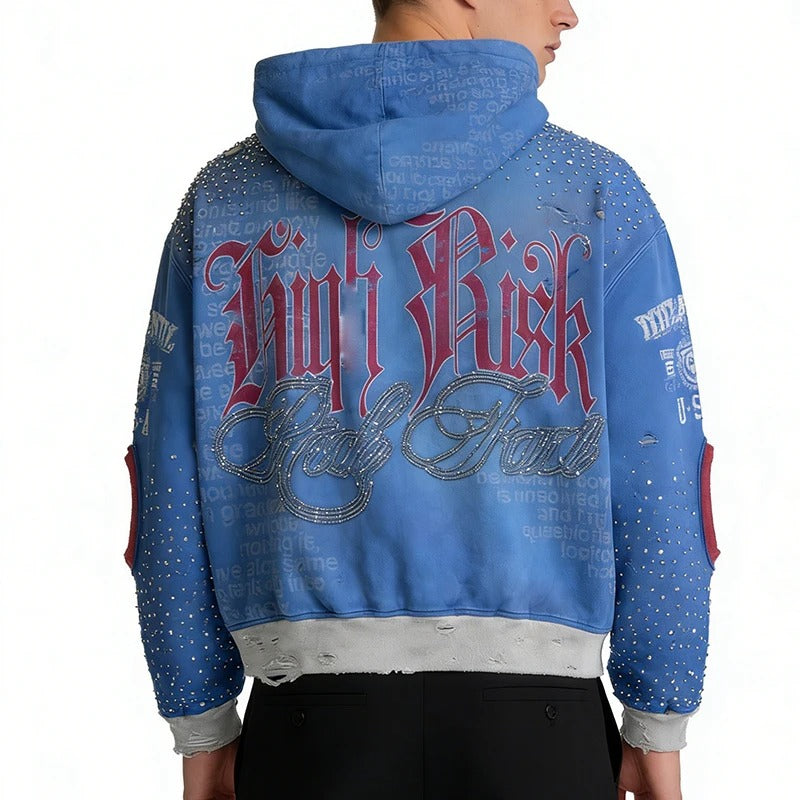 Blue Distressed Zip-Up Hoodie with Rhinestone Graphic