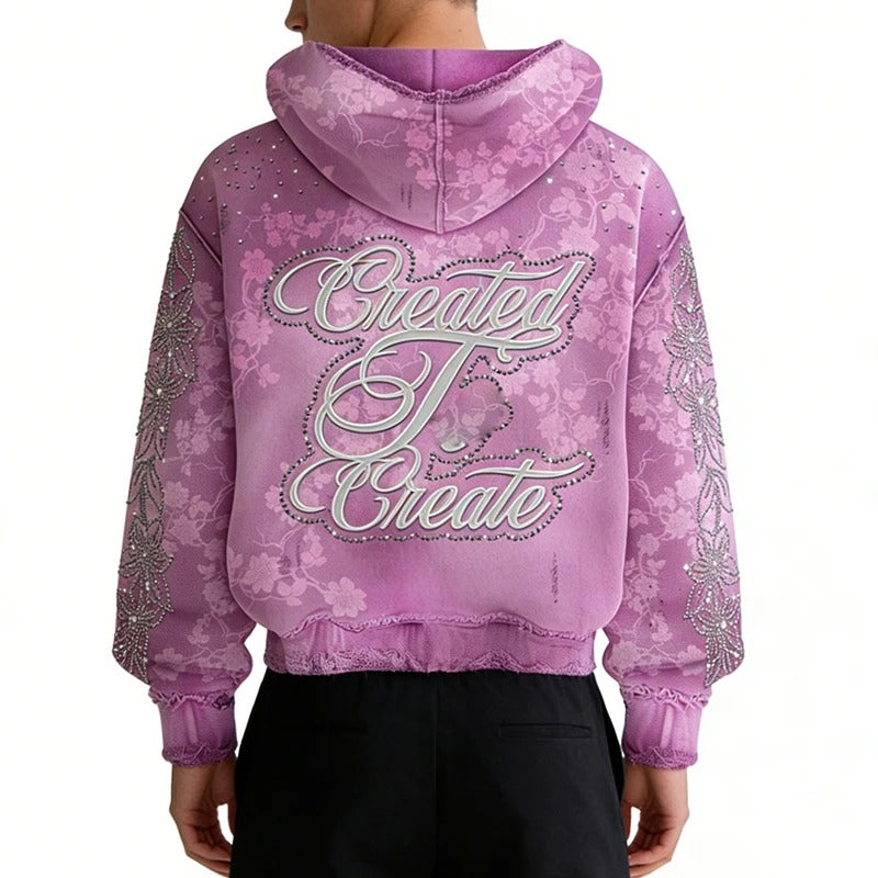 Pink Floral Zip-Up Hoodie with Rhinestone Details