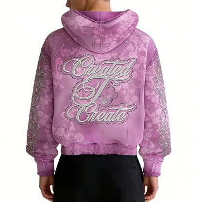 Pink Floral Zip-Up Hoodie with Rhinestone Details