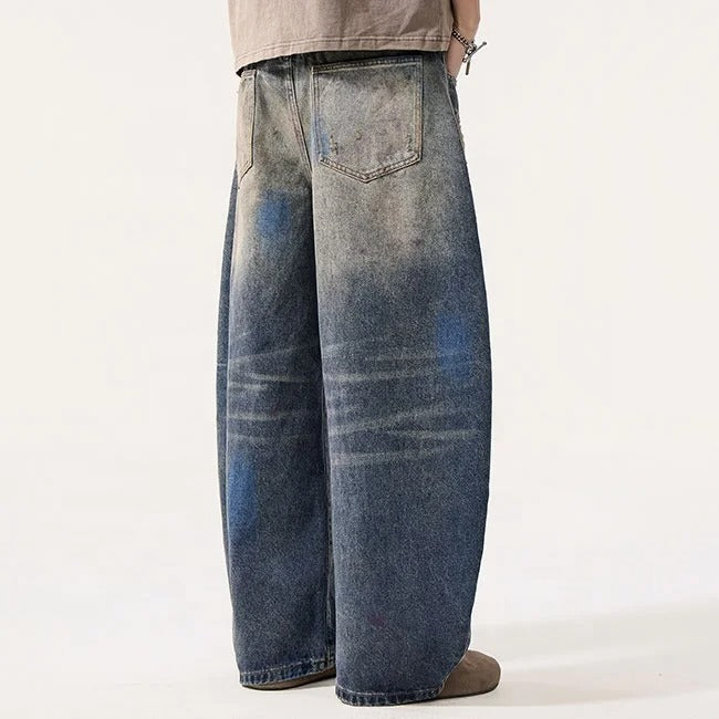 Distressed Wide Leg Jeans in Vintage Blue Wash