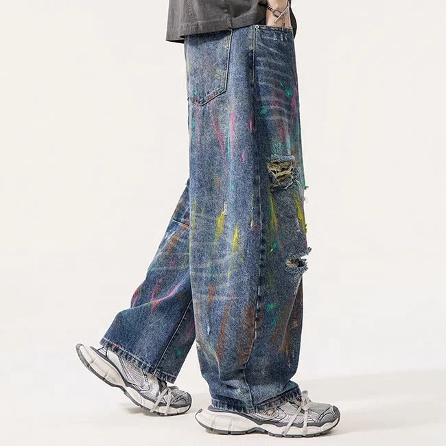 Paint Splatter Distressed Wide Leg Jeans