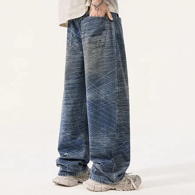 Abstract Line Print Wide Leg Jeans