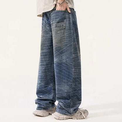 Abstract Line Print Wide Leg Jeans