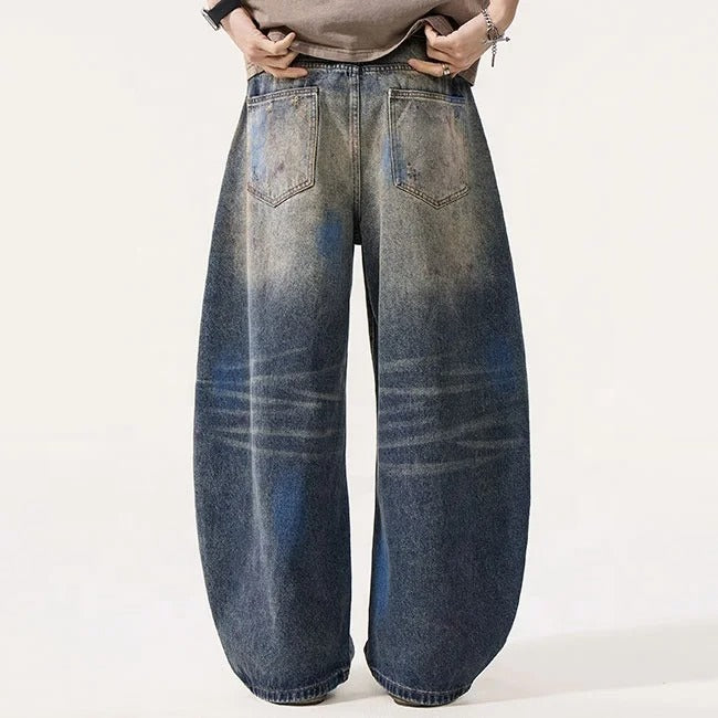 Distressed Wide Leg Jeans in Vintage Blue Wash